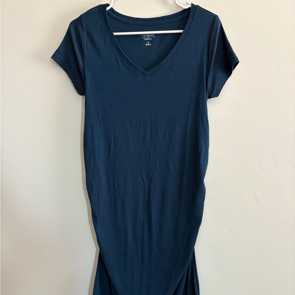 Blue Ribbed Stretchy Short Sleeve Maternity Dress